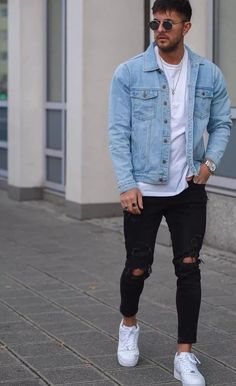 This contains: Denim jacket men outfit